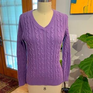 Cotton cable knit V neck sweater in perfect shade of deep lavender.  Size S
